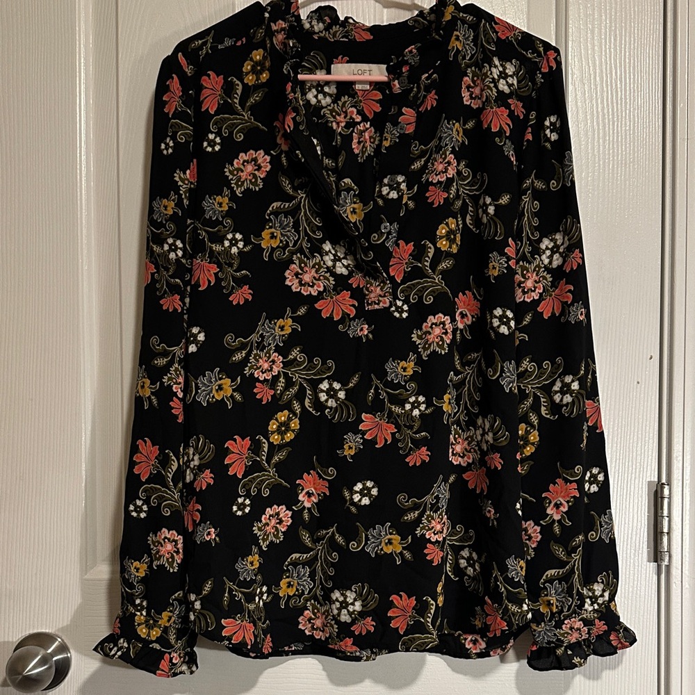 LOFT Floral Blouse in Black with Pink and Yellow Highlights